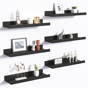 upsimples Floating Shelves for Wall, Wall Shelves for Decor Storage Set of 6, Wall Mounted Wood Shelves for Bedroom, Living Room, Bathroom, Kitchen, Picture Ledge Shelves, Black