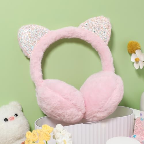Garneck Cat Ears Cover Pink Ear Warmer Winter Plush Ear Covers Headwear Winter Accessory for Girl Lady Keep Warm3