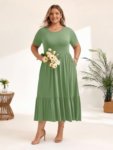 Image of LARACE Plus Size Dresses for Women Summer Casual Short Sleeve Long Dress Flowy Maxi Beach Dresses with Pockets L-6XL