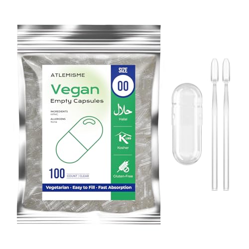 ATLEMISME Cápsulas Vacías Vegetales de HPMC - Tamaño 00, 100 Unidades, Sin Gluten, Sin OGM, Veganas, Ideales para Suplementos de Vitaminas y Minerales