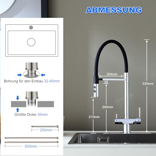 KEOKBON 3 Wege Wasserhahn, 360° Drehbar Küchenarmatur mit 2 Funktion Brause, 3 in 1 Mischbatterie Trinkwasserhahn mit 2 Hebel für Wasserfilter, Drei Wege Armatur Küche aus Messing & Edelstahl, Chrom
