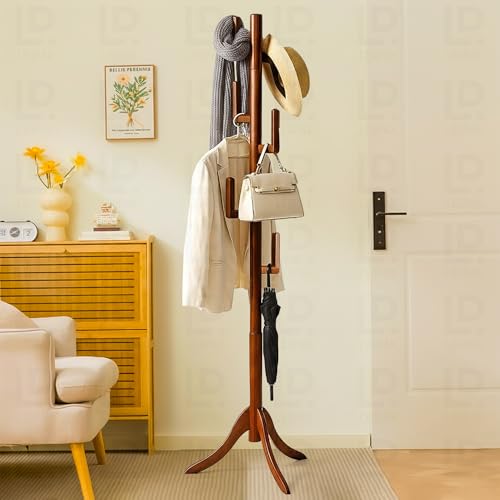Image of LEOPAX Premium Bamboo Floor Standing Coat Rack with 6 Hooks | Heavy Stable Base Coat Stand for Jackets, Bags, Hats & Scarves | Dark Brown (170 x 50 x 50 cm)