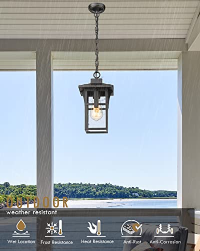 Outdoor Pendant Lights For Porch, Hwh Exterior Hanging Porch Light, Farmhouse Outdoor Pendant Lighting With Height Adjustable Chain, Seeded Glass Shade, Matte Black Finish With Gold Edge, 5Hx62H Bg #TOP2