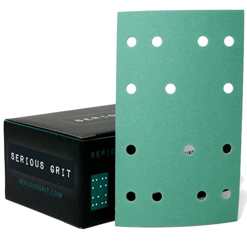Image of Serious Grit - 3 inch x 5 inch (80x133mm) 14-Hole P180 Grit Sandpaper - 50 Pack Box | Fits Festool RTS 400 & Mirka DEOS 353 - Heavy-Duty Hook & Loop Wet /Dry Film Sanding Sheets for Doors, Cabinetry, Paint, etc
