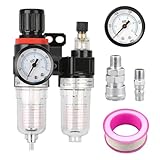 KALOLINNA ウォーター セパレーター エアーフィルター エアコンプレッサー フィルターレギュレーター 自動的に排水 ほこり除去 除水 圧力調節 圧力計付き オス・メスカプラー付き テープシール 付属 AFC2000 1/4エアーフィルター エアコンプレッサー用アクセサリ (AFC2000)