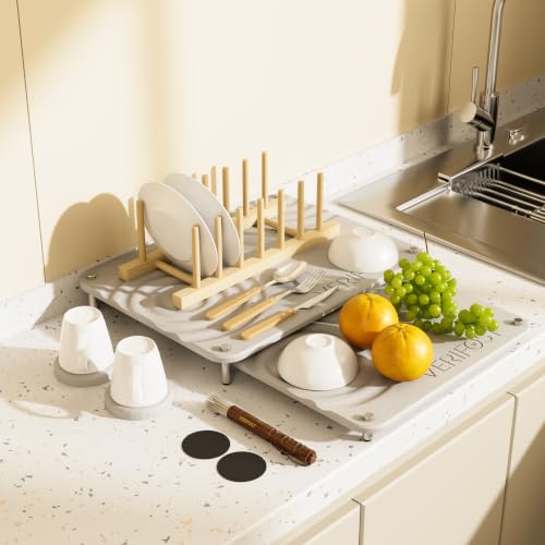 VERIFOST Nested Dish Drying Mat with Bamboo Rack for Dishes, 2Pcs Diatomaceous Earth Stone, Fast Stone Drying Mat for Kitchen Counter with Non-slip Feet, Moonlight Gray by VERIFOST - Used condition - US$47.49