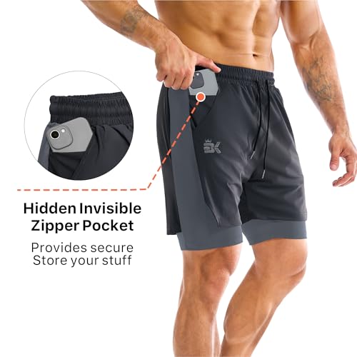 BROKIG Men's Dual-Layer Gym Shorts, Lightweight Quick Dry Running Bodybuilding 7'' Fitted Workout Short Lined-Zip Pocket3