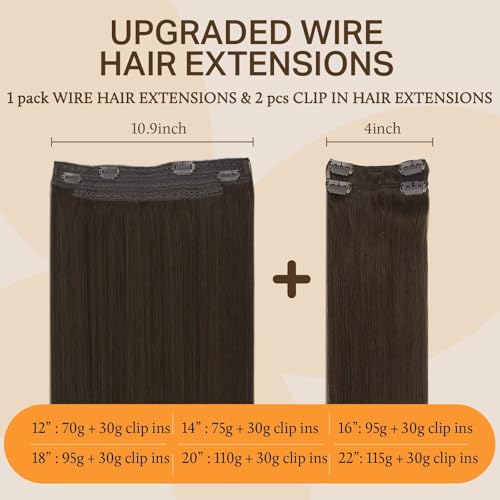 Image of DOORES Wire Hair Extensions, Light Dark Brown 20 Inch 110g Fish Line Weft Extensions and 2pcs 30g Clip ins, 140g Invisible Wire Real Remy Human Weft Straight Transparent Seamless Hairpiece