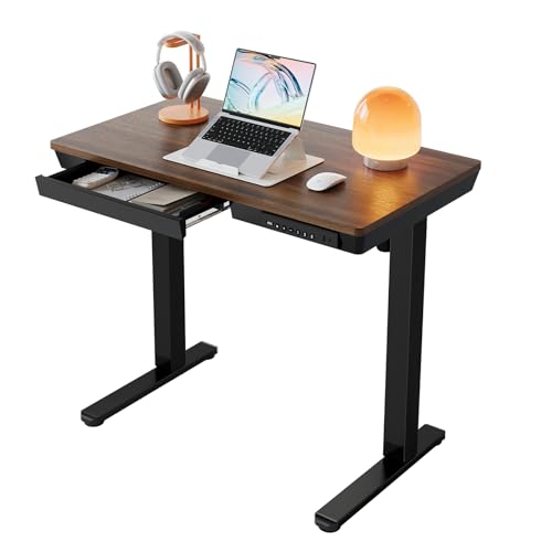 HUANUO ONE PIECE Electric Standing Desk, Height Adjustable Desk with Drawer, 88 x 50cm, Sit Stand Desk with USB Charging Ports & 3 Memory Height Settings, Home Office