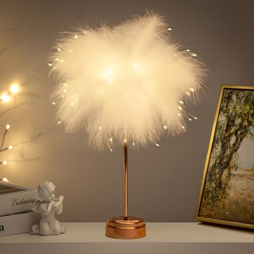 BDUSXYZ White Feather Lamp - LED Atmosphere Feather Night Lights Bedside Lamps for Mother, Girlfriend Home Girl Room Wedding Decoration