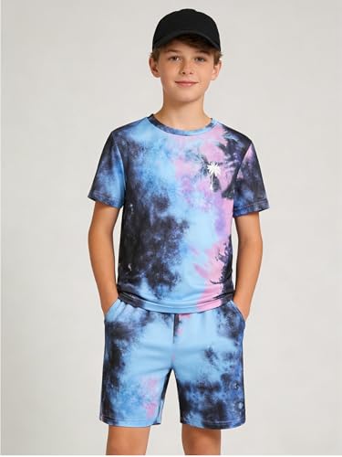 Image of Kid Toddler Baby Boys Clothes Tie-dye Palm Leaf Top 2Pcs Summer Shorts Set