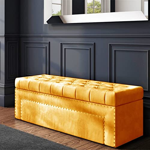 R&M Furnishers Duke Ottoman storage Box - Plush Velvet Storage ottoman with Crystal Nails- Ottoman Footstool with Storage - Chesterfield Upholstered Coffee Table- end of bed storage bench (Mustard)