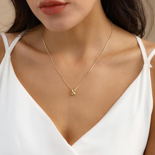Image of Gold Letter Necklace 14k Gold Plated Necklace Cute Bubble Letters Choker Necklace for Women And Girls Trendy Jewelry Gifts