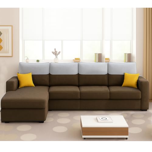 Image of Furny Tokiaa 8 Seater Fabric LHS L Shape Sofa Set with 1 Centre Table & 2 Puffy (Brown) | Soft Velvet Fabric | Modern Design | Comfortable Seating | Living Room Furniture