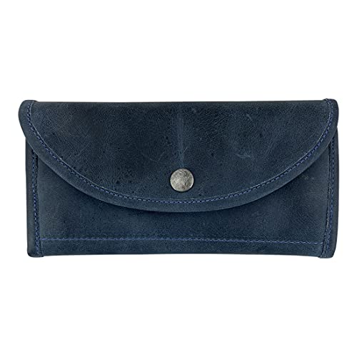Hide & Drink, Full Grain Leather Snap Clutch Wallet for Women, Money Holder and Card Organizer with Zippered Pouch, Handmade, Slate Blue