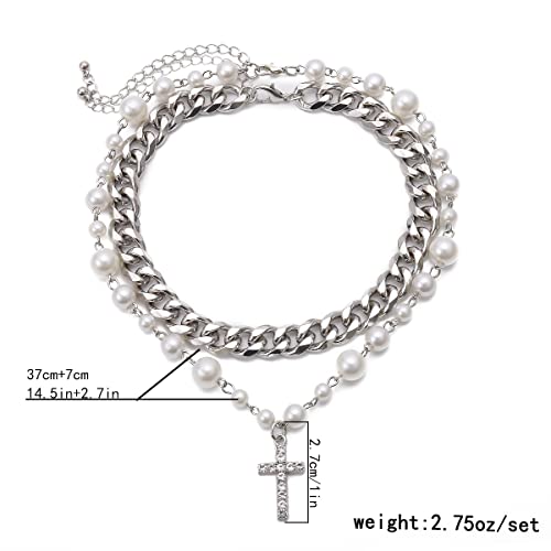 Pearl Cross Necklace for Women Silver Layered Crystal Cross Pendant Punk Chain Choker Necklace Dainty Jewelry3