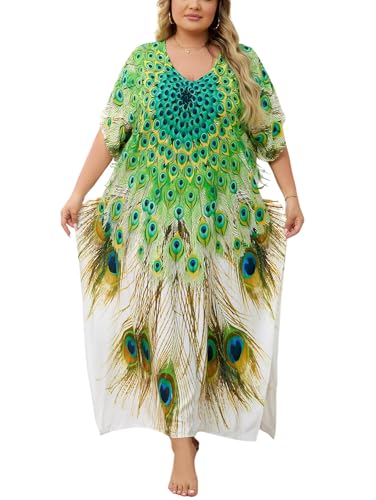 Image of KECVOT Kaftan Dresses for Women V-Neck Print Swimsuit Cover Up Plus Size Beach Caftan Lounge Dress