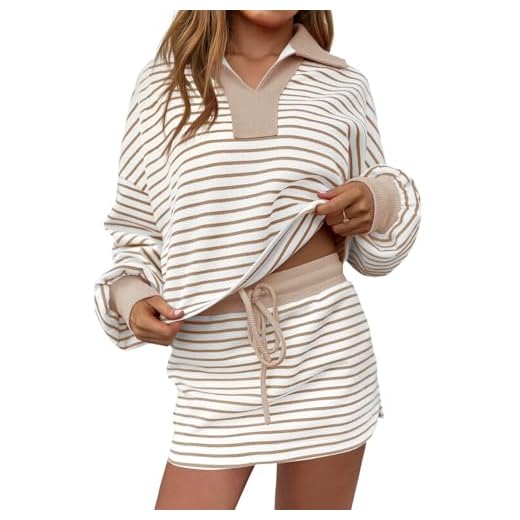 Fisoew Womens Striped 2 Piece Outfits Casual Sweatshirt Skirt Set Long Sleeve Skort Workout Set Matching Lounge Sets