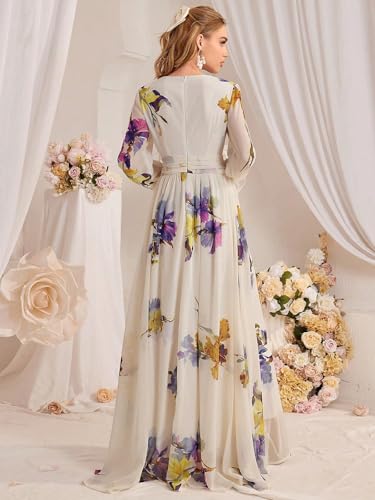 Image of TOLEEN Summer Casual Dresses for Women 2024 Spring Fashion Boho V Neck Long Sleeve Ruffle Floral Print Elegant Maxi Dress