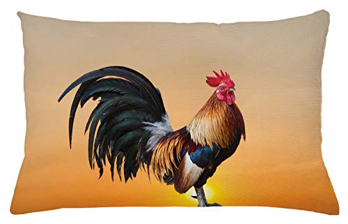 ABAKUHAUS Gallo Funda para Almohadón, Animal Farm Salida del Sol, Decorativo, Estampado en Ambos Lados, 40 x 65 cm, Verde Tostado
