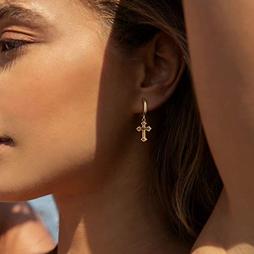 Alternative view of MEVECCO Tiny Cross Hoop Earrings 14K Gold Plated Dainty Minimalist Simple Faith Cross Dangle Huggie Earrings For Women Jewelry Gift