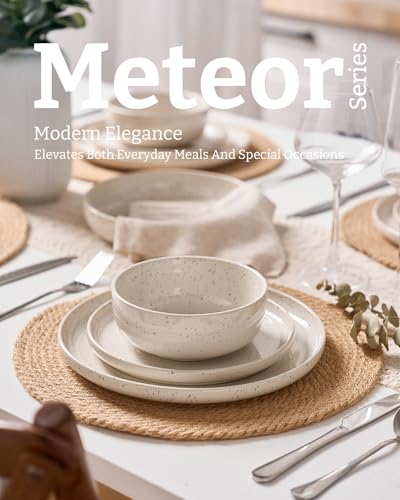Image of Famiware Meteor Stoneware Dinnerware Sets with Pasta Bowls, Service for 4 (16 Pieces), Plates and Bowls Sets, Microwave and Dishwasher Safe Dishes Set, Creamy White