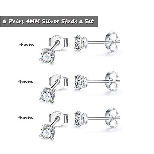 Sterling Silver Stud Earrings For Women Girls Men- 3 Pairs 4Mm Hypoallergenic Cubic Zirconia Cz Studs Earrings Pack Small Round Simulated Diamond Earrings Cartilage Tragus Helix Earrings Set #TOP1