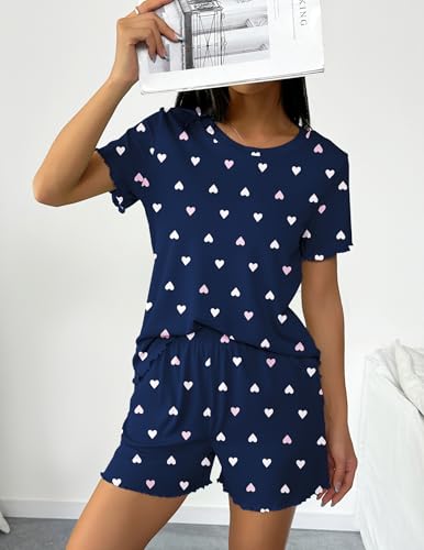 Image of Ekouaer 2 Packs Women Pajama Set Short Sleeve Sleepwear Soft Top and Shorts | Casual Pjs Outfits Ribbed Knit Lounge Set with Pockets