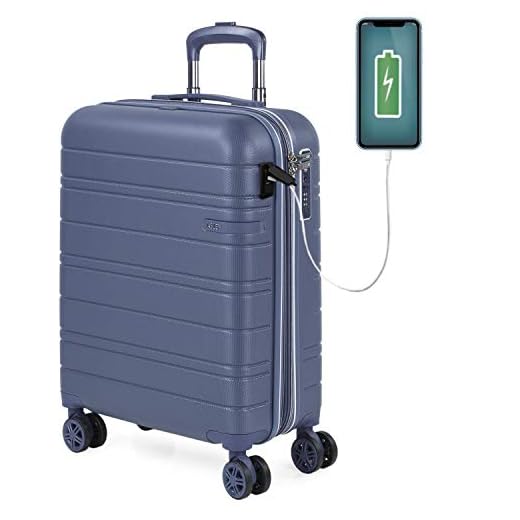 JASLEN - Maleta Cabina Avion Pequeña con 4 Ruedas 55x40x20 Extensible Hombre Mujer Rígida [Conector para Carga USB] Trolley Equipaje de Mano Candado con Combinacion TSA 171250, Color Azul