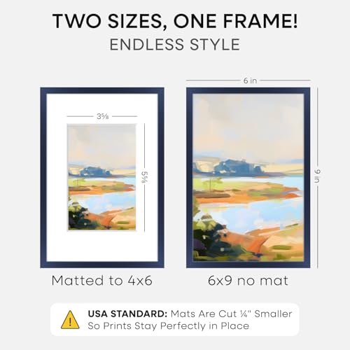 Image of Homeforia 6x9 Picture Frame Navy Blue, High End Metal 6 x 9 Frames with Mat 4 x 6 for Print, 6by9 Desk Frame Matted to 4x6 inch Photo, 6 by 9 Wall or Tabletop Frame, Tempered Glass, Wall Kit, Set of 2