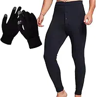 Calça Térmica Masculina Segunda Pele com Luvas, Preta, Abertura Frontal