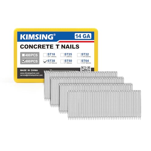 KIMSING 1-1/2-Inch Concrete T Nails, 14 Gauge, 800PCS Box, Galvanized Steel Cement Nails for ConcreteT Nailer for Concrete Block, Brick Wall, Wood Flooring, Furring Strips