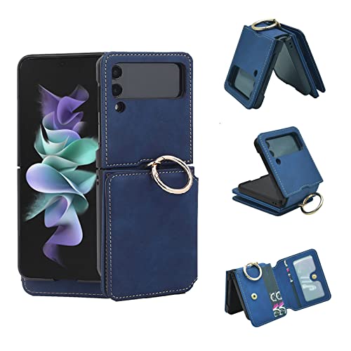 Asuwish Phone Case for Samsung Galaxy Z Flip 3 5G 2021 Wallet Cover with Ring Crossbody Strap Lanyard Credit Card Holder Stand Cell Accessories ZFlip3 Z3 Flip3 3Z Women Men Blue