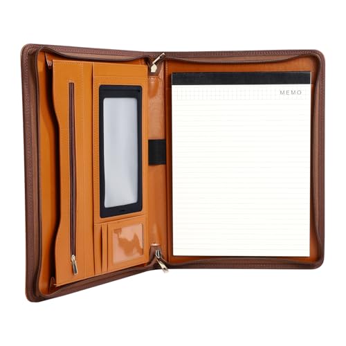 POLARANTS Pro PU Leather Padfolio - 10.1" Business Portfolio Organizer with Tablet & Phone Pocket, Zippered Document Holder, Card Slots & Writing Pad | Executive Gift for Professionals (Orange)