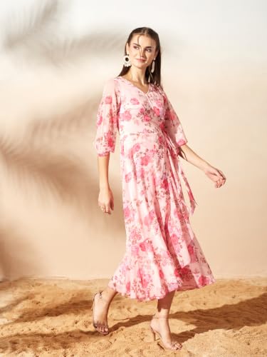 Image of Miss Chase Women's Multicolored Black Floral V-Neck 3 /4 Sleeve Wrap Chiffon Midi Dress