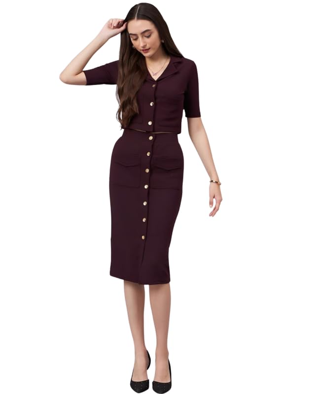 Womens Lycra Polyester Crop Blazer with Button Detail Skirt Set Shirt Collar Short Sleeve Top with High Waist Skirt