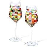 The Wine Savant Renaissance Stained Wine Glasses Set of 2 Festive Colorful Coffee Cups, Multicolored, Home Bar Gift, Colored Drinkware, Rainbow Glassware (Stemmed)