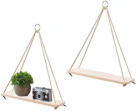 Miukada Rustic Wood Hanging Shelves, Floating Shelf with Swing Rope and Hanger Ring(2 Pack)