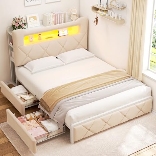 Image of Queen Upholstered LED Bed Frame with 2 Storage Drawers and 2-Tier Storage Headboard,Velvet Princess Platform Bed with Charging Station&Bookcase,Heavy Duty Metal Support,No Box Spring Needed,Beige