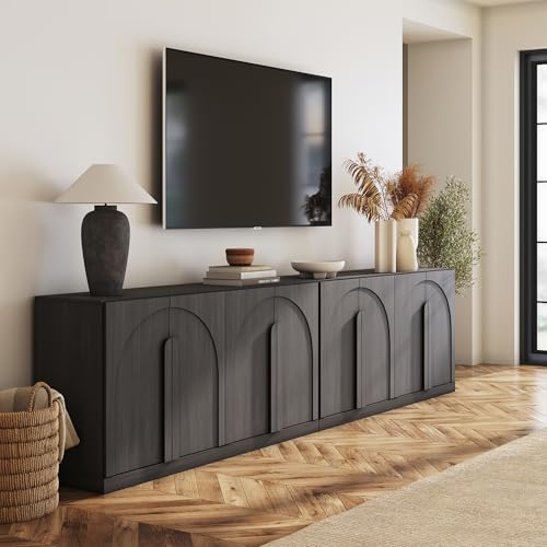 Image of BELLEZE Set of 2 Bijou 64 inch Modern Buffet Sideboard, Mid-Century Arch Carved Wood Door Cabinet, Textured Storage Console for Living Room, Kitchen, Entryway - Ebony