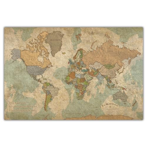 Holy Cow Canvas Personalized Push Pin World Map on Canvas in Vintage Earth Tones, Customize with Your Names and Quote, 3 Sizes, Push Pins Included, World Map Pin Board (40