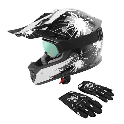 Image of XFMT Youth Dirt Bike Helmet DOT Kids Full Face Helmet for Motocross ATV Off-Road Street Bike Four Wheeler with Goggles & Gloves, Black White Firework Small