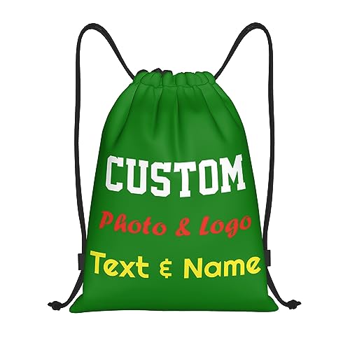 Image of Personalised Drawstring Bag Custom Drawstring Backpack with Your Own Photo/Logo/Text/Name, Design Drawstring Gym Swimming Yoga Bag for Women Men, Customised Knapsack for Sports Business, Green, L