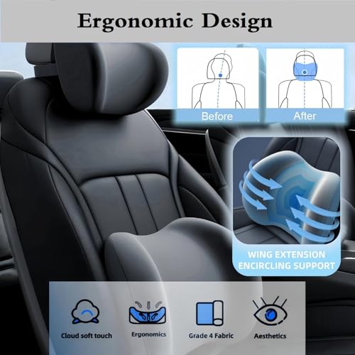 Lendenwirbelstützkissen und Auto-Kopfstütze Nackenkissen Set Memory Foam Auto Kopfstütze Kissen Autos Sitz Kopf Lendenkissen für Nacken Rücken Schmerzlinderung Bürostuhl LKW Rollstuhl