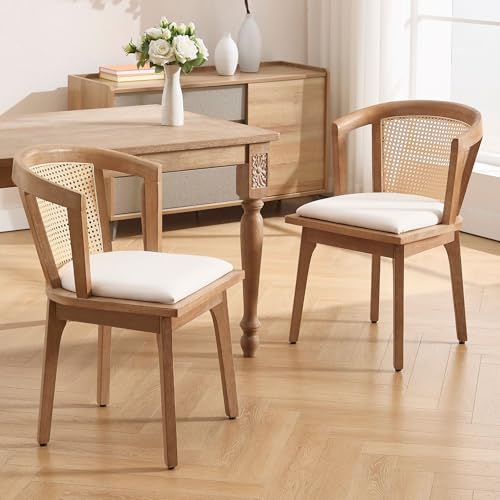 Image of BESTANO Rattan Dining Chairs Set of 2, Mid Century Modern Farmhouse Wood Dining Room Chairs, Upholstered Comfortable Kitchen Dining Side Chair with Cane Woven Back, Beige Linen