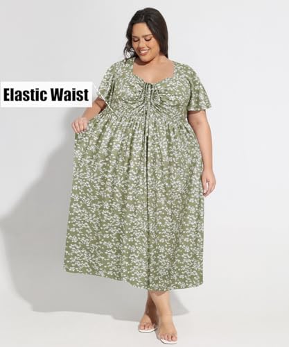 Image of CARCOS Plus Size Dresses for Curvy Women Tie Sweetheart Neck Summer Maxi Dress Short Sleeve Empire Waist Floral Boho Dress