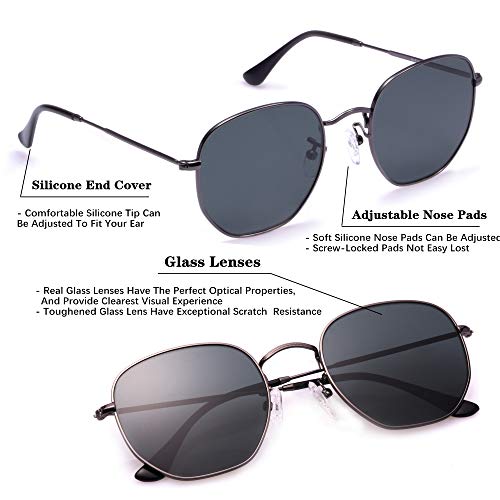 Image of Retro Glass Lens Hexagonal Sunglasses for Men Women Vintage Square Metal Frame Flat Lens Sun glasses