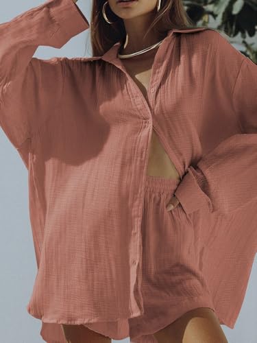 Image of Fixmatti Women 2 Piece Outfits Long Sleeve Button Down Blouse and Shorts Sweatsuit Sets