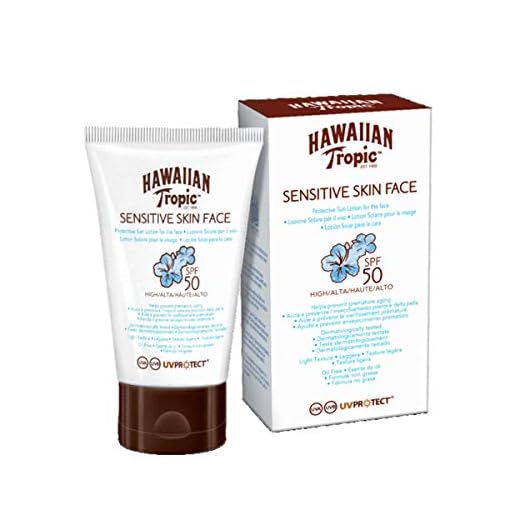 Hawaiian Tropic Sensitive Skin Face - Loción Solar Protectora para el Rostro especial para Piel Sensible con protección Muy Alta SPF 50, fórmula No Grasa y resistente al agua, formato Facial 60 ml