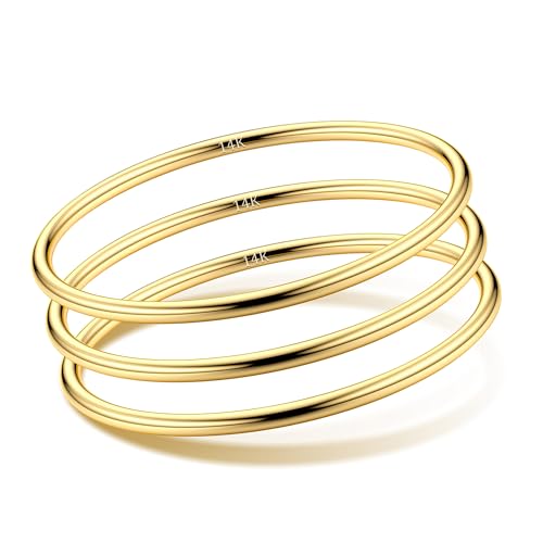 Morfetto 3 Pièces Bracelet Jonc Femme Acier Inoxydable Plaqué Or 14 Carats 3mm Épaisseur Argent Or Brillant Empilable Design Rond Bracelets Bijoux...